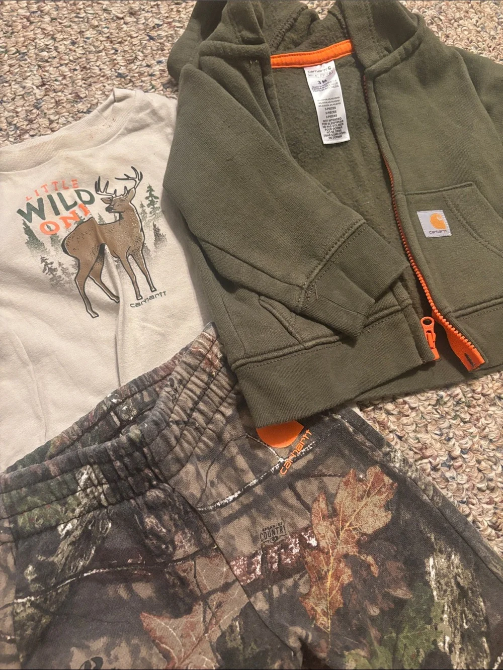 Carhartt Olive Green Zip Hoodie with Camo Joggers and Tan Deer Tee